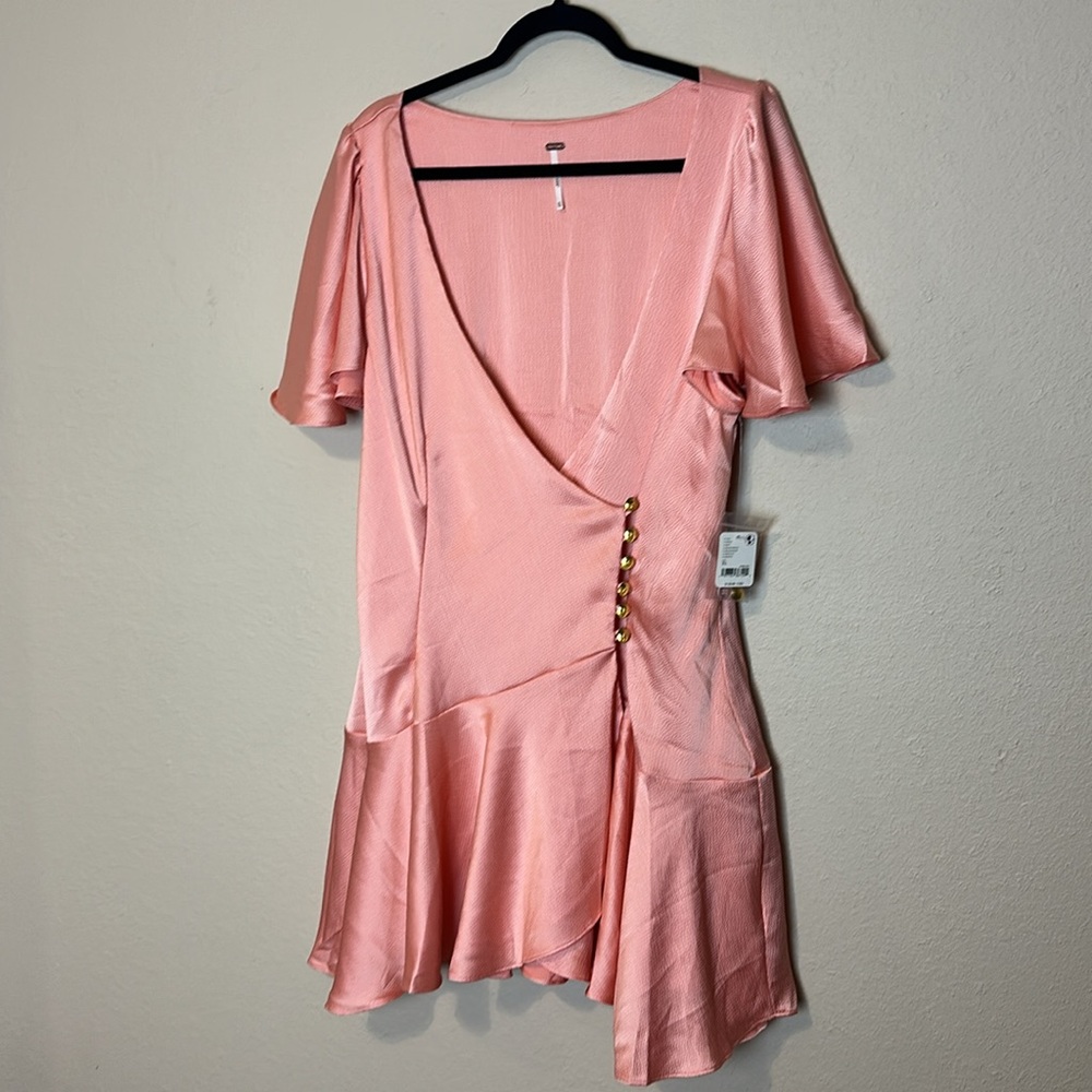 Free People Dress Scarlett Satin Ruffle Wrap Mini‎ Peach Size XL NWT - Picture 7 of 11